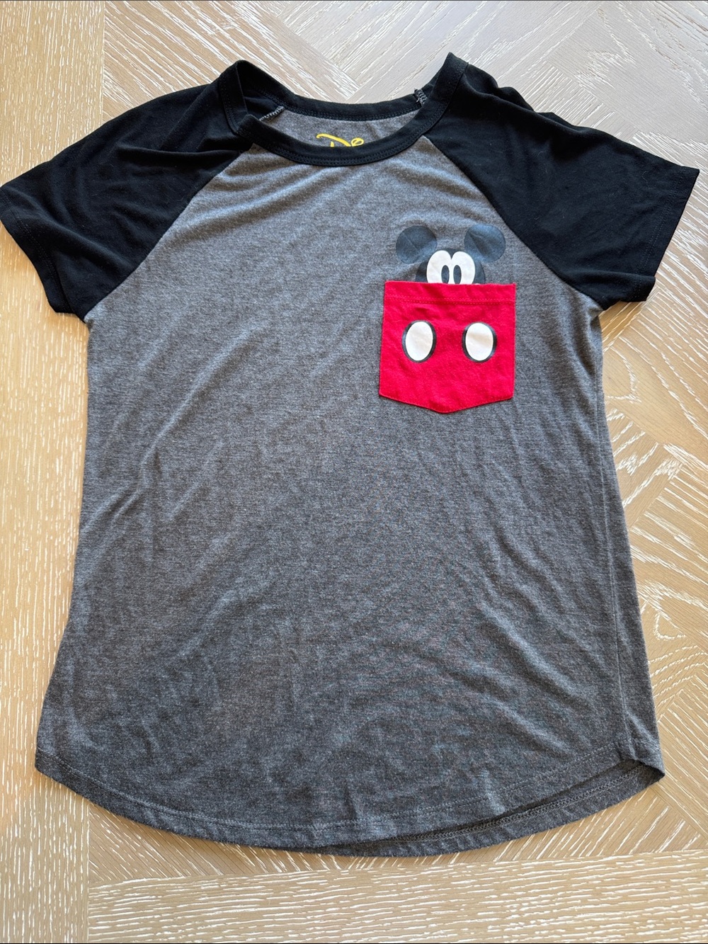 Disney Girls Black & Gray Raglan Tee with Red Pocket Mickey